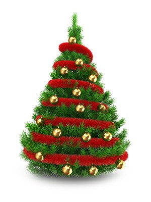 红色绸带和铃铛缠绕的圣诞树 