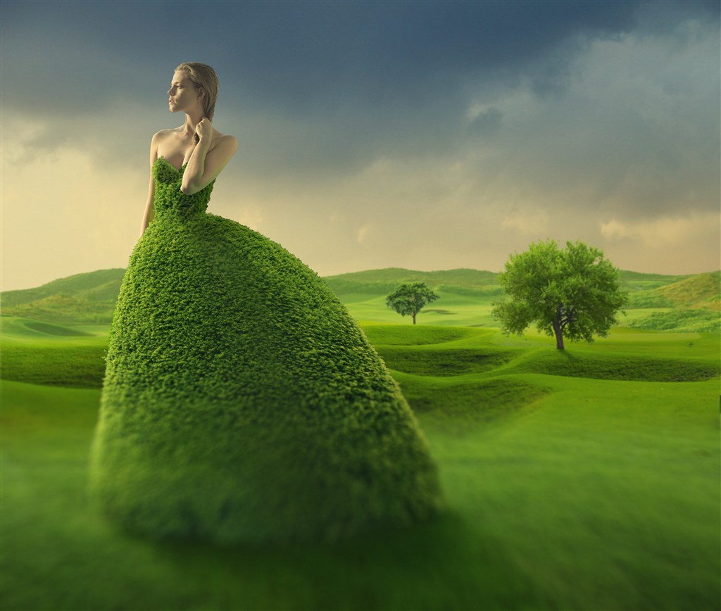 绿色植物为连衣裙的女子创意高清图