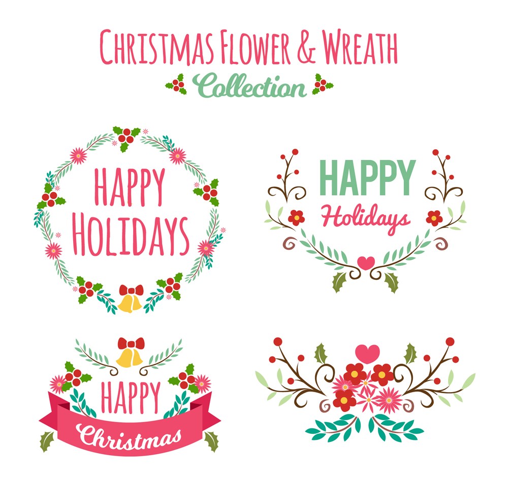 4款彩色圣诞节花环和花束矢量图