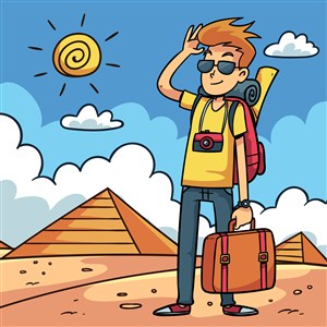 埃及金字塔旅行戴墨镜男子装备蓝天白云太阳背包矢量素材