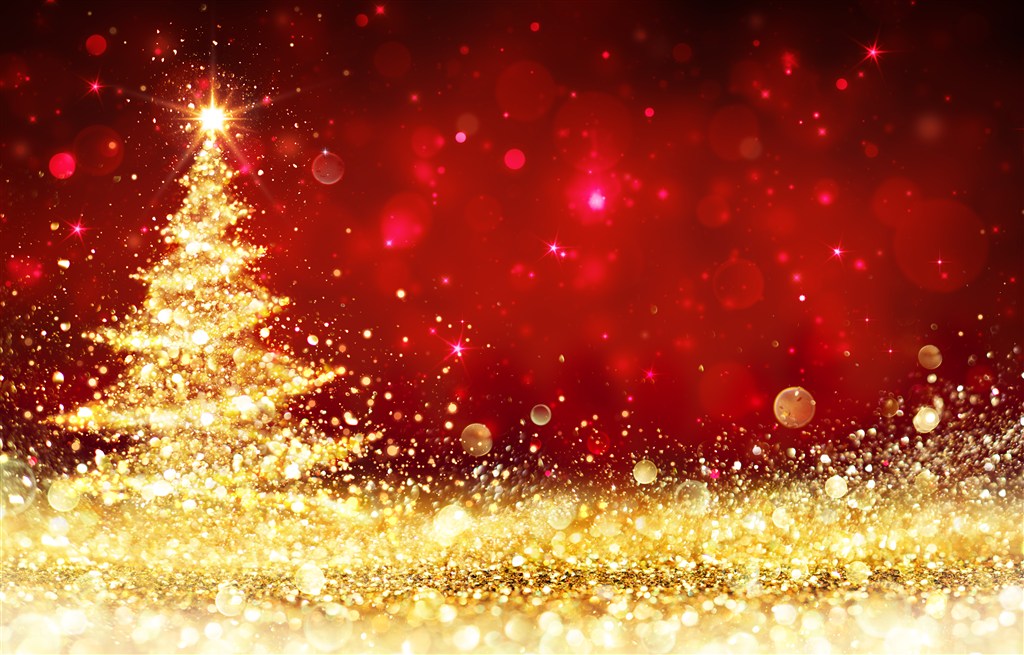 红色背景下黄色灯光造型圣诞树高清图片