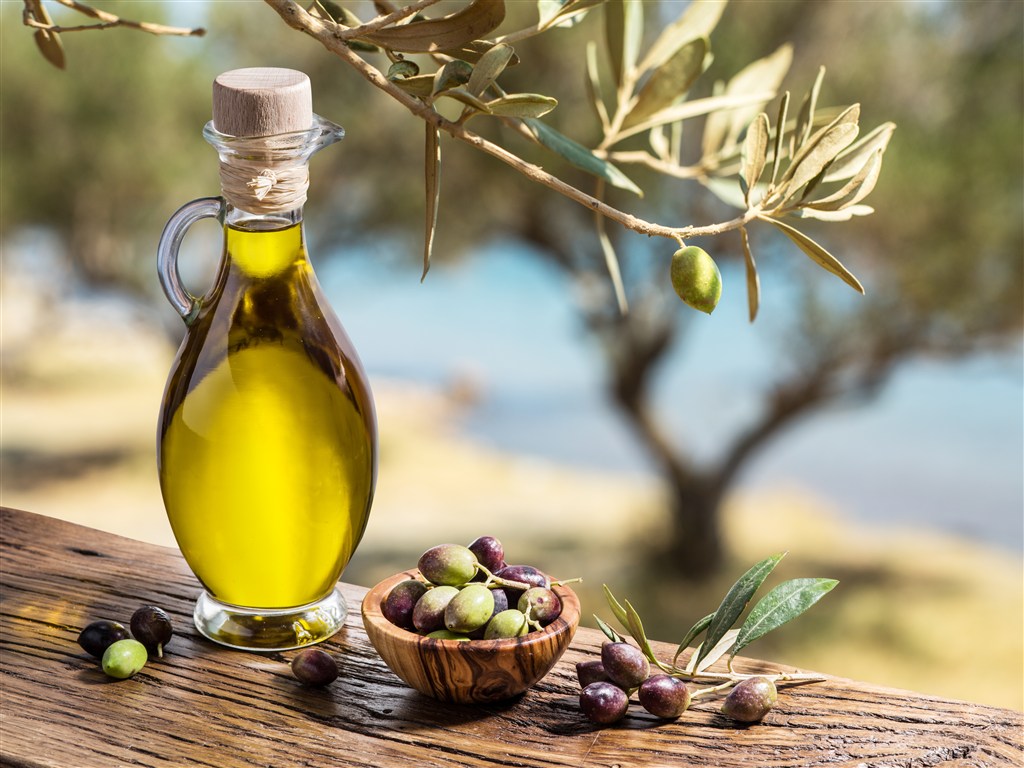 瓶子中的橄榄油和橄榄果高清摄像图