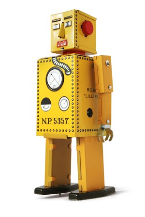 黄色蠢萌的古董机器人高清摄影图片