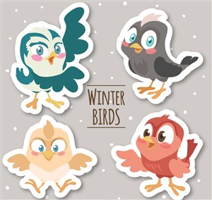 4款卡通冬季小鸟贴纸矢量图