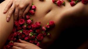裸体模特身上的玫瑰花高清摄影