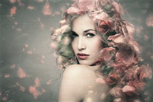 金发美女头上的粉玫瑰高清图片