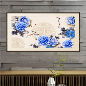 国色天香-蓝色花朵和倒福装饰画