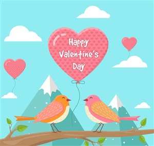 创意情人节情侣鸟和爱心气球矢量素材