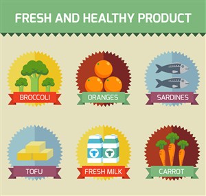 6款新鲜健康食品标签矢量图西兰花蔬菜沙丁鱼豆腐牛奶胡萝卜