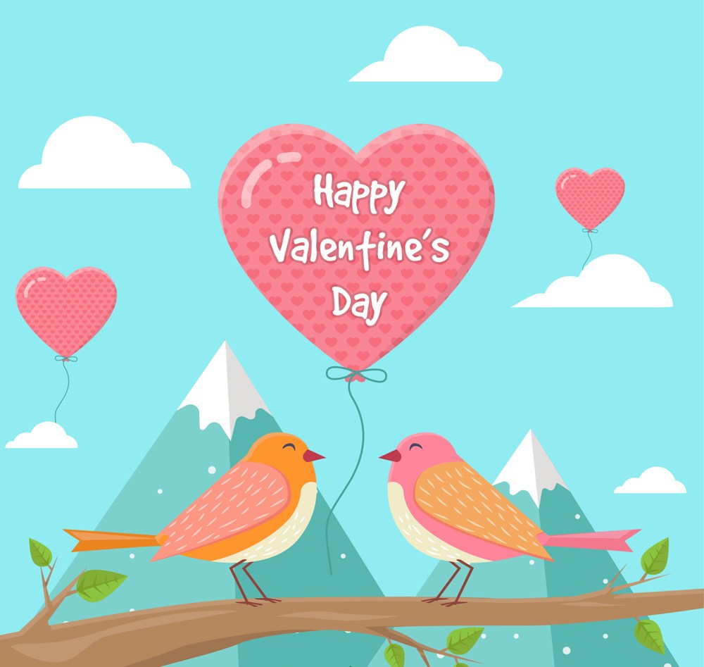 创意情人节情侣鸟和爱心气球矢量素材
