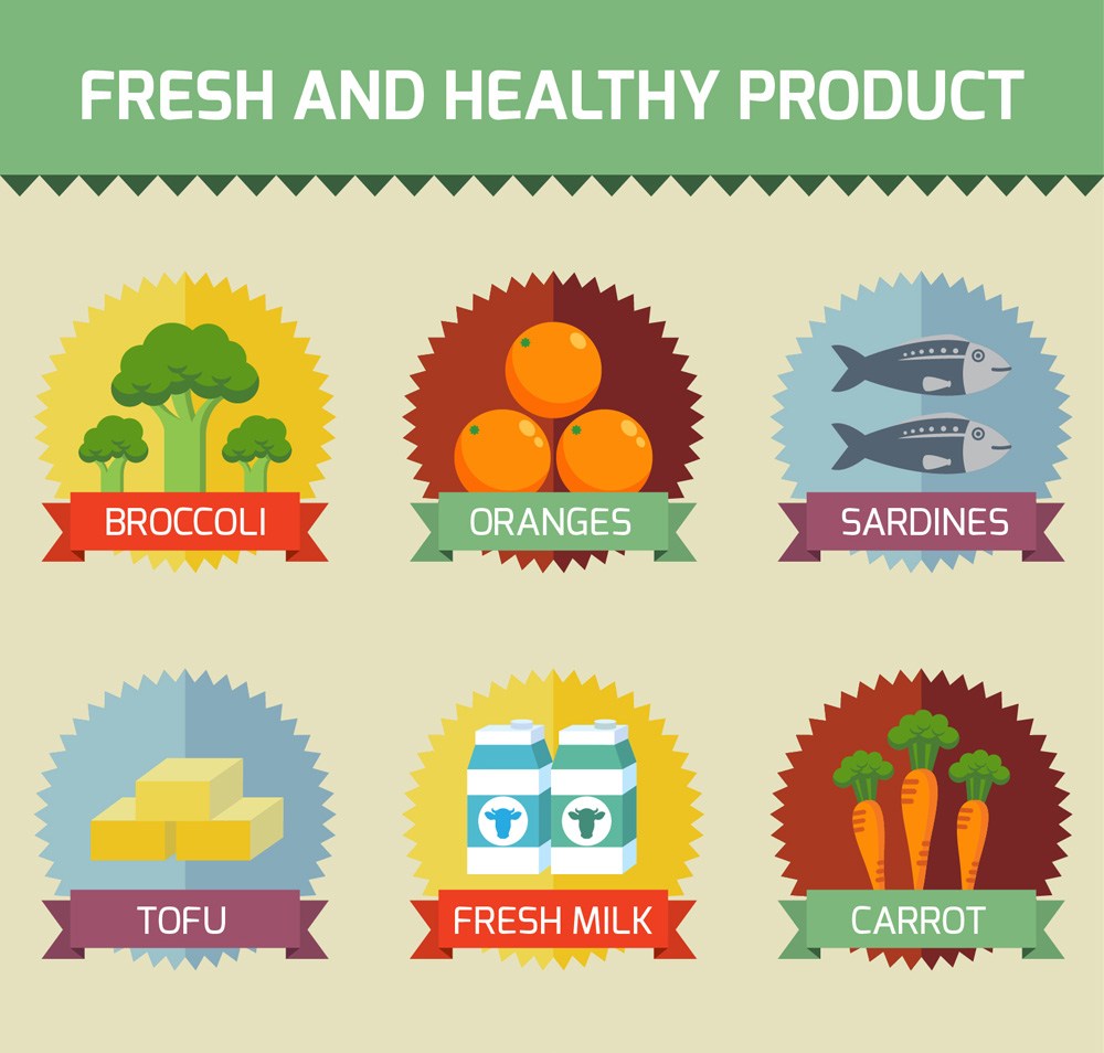 6款新鲜健康食品标签矢量图西兰花蔬菜沙丁鱼豆腐牛奶胡萝卜