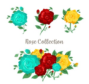 3款彩色玫瑰花和花束矢量素材