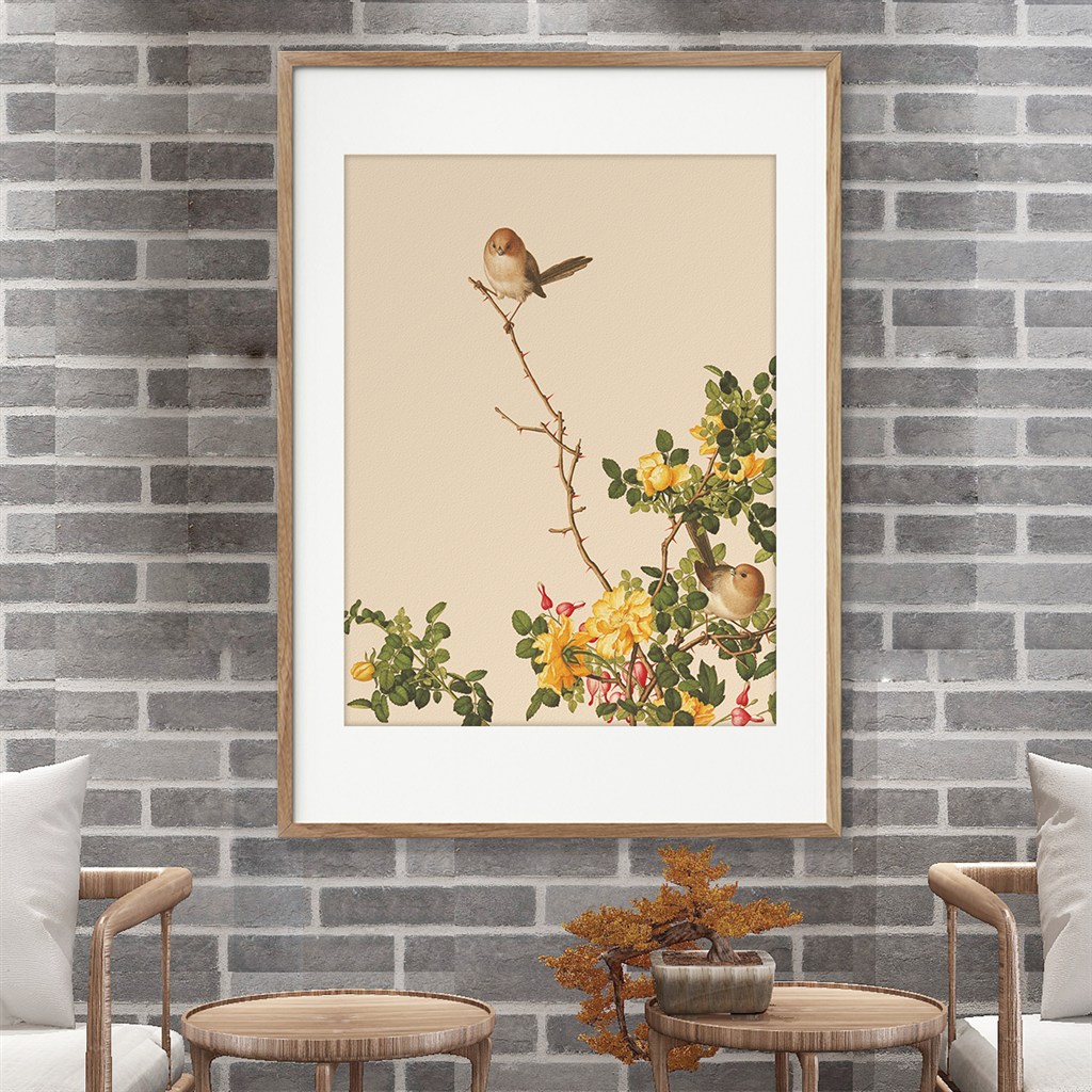 郎世宁-小鸟与黄玫瑰装饰画