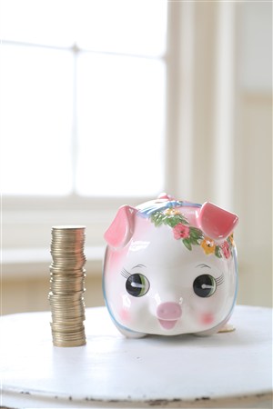 在一摞硬币旁边的小猪造型存钱罐高清摄影图片