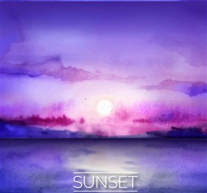 紫色水彩绘海上日落风景矢量图