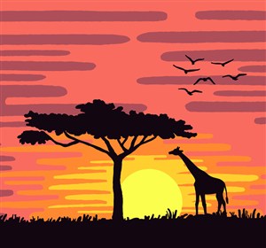 夕阳下的非洲面包树和长颈鹿矢量素材