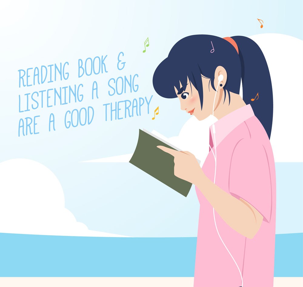 卡通边听音乐边读书的女孩矢量素材 