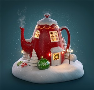 红色茶壶造型圣诞节房屋高清图