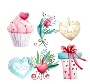 6款水彩繪愛的禮物矢量圖紙杯蛋糕禮物禮盒