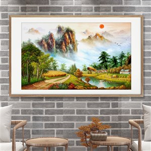 彩绘中式山水森林夕阳风景画
