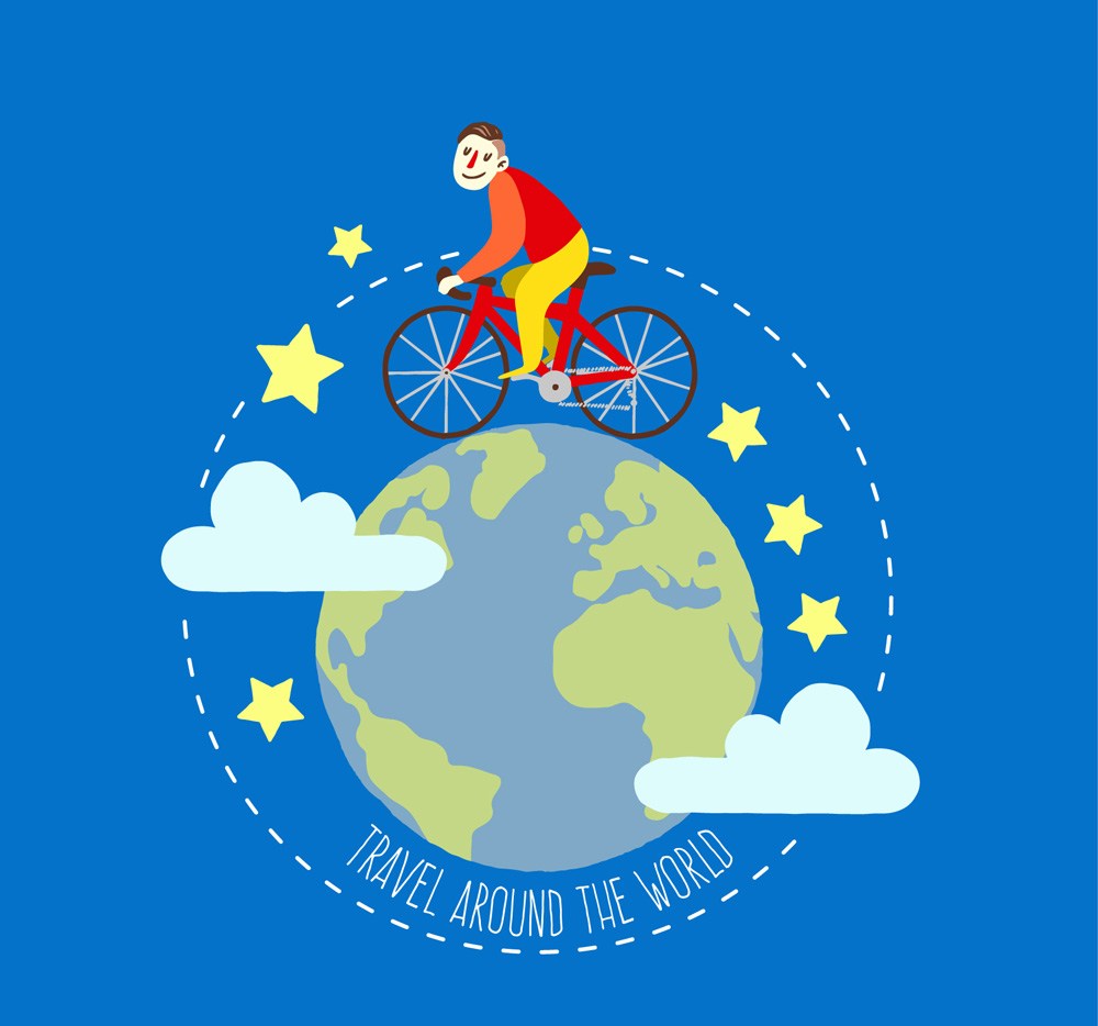 环绕地球骑自行车旅行的男子矢量图 