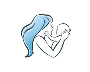 蓝色头发卡通简约粗线条妈妈与孩子母子母女拥抱对视图标图案插画设计矢量图