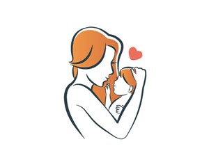 橙色头发卡通简约粗线条妈妈与孩子母子母女拥抱对视图标图案插画设计矢量图