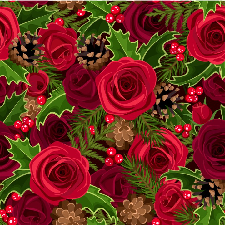 红玫瑰和枸骨无缝背景矢量素材