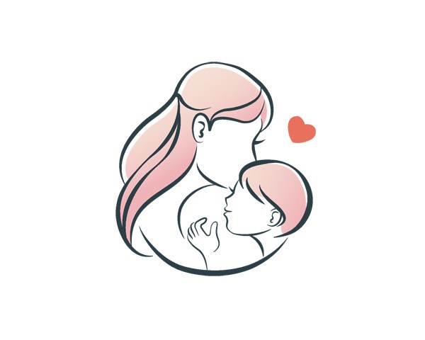 粉色头发卡通简约粗线条妈妈与孩子母子母女拥抱对视图标图案插画设计矢量图